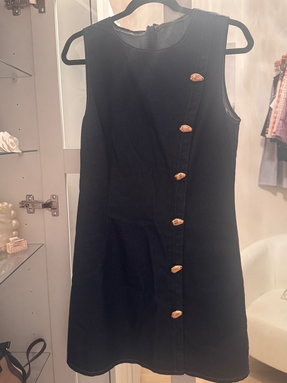 Sleeveless Denim Shift Dress with Gold Button Detail - Picture 2 of 5